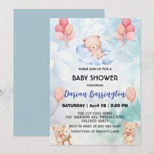 cute teddy Bear flowers floral sky baby shower par Invitation