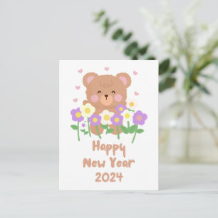 Cute Teddy Bear Flowers New Year Postcard