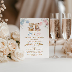 Cute Teddy Bear Gender Reveal Blue Pink Balloons Invitation