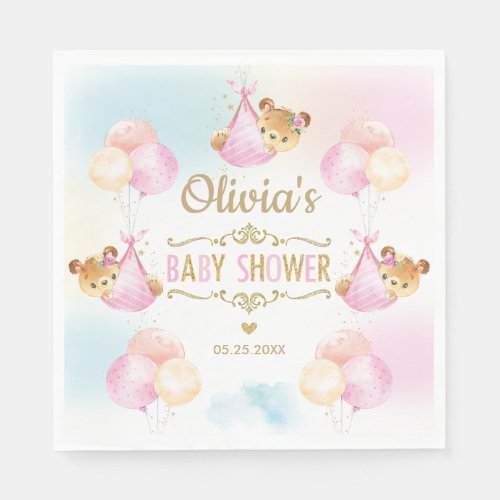 Cute Teddy Bear Girl Baby Shower Pink Paper Napkin
