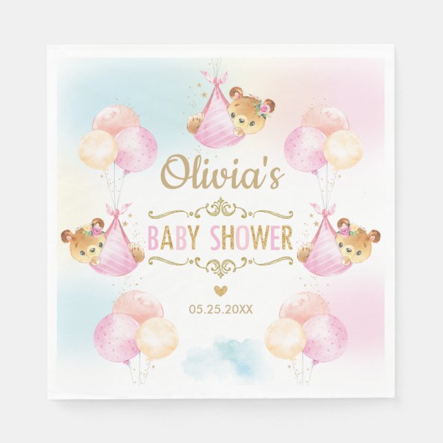 Cute Teddy Bear Girl Baby Shower Pink Paper Napkin (Front)