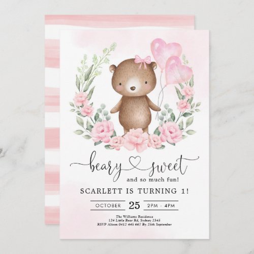 Cute Teddy Bear Girl Birthday Heart Balloons Party Invitation