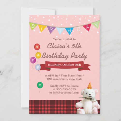 Cute Teddy Bear Girl Birthday Party Invitations 5" X 7" Invitation Card