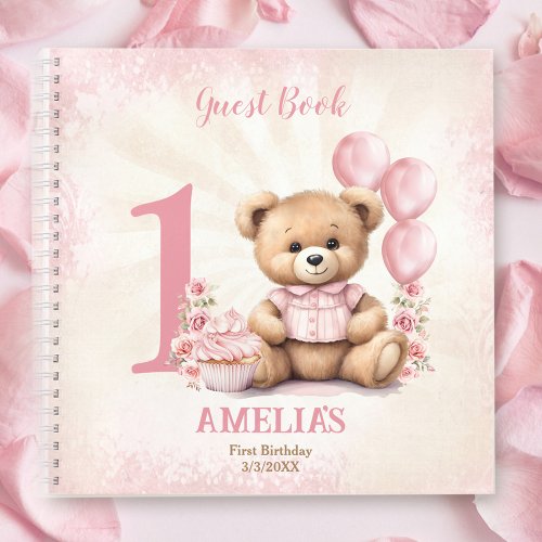Cute Teddy Bear Girl Birthday Pink Guest Book