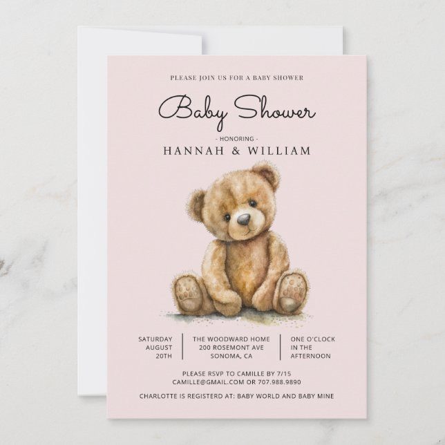 Cute Teddy Bear Girl Blush Pink Baby Shower Invitation (Front)