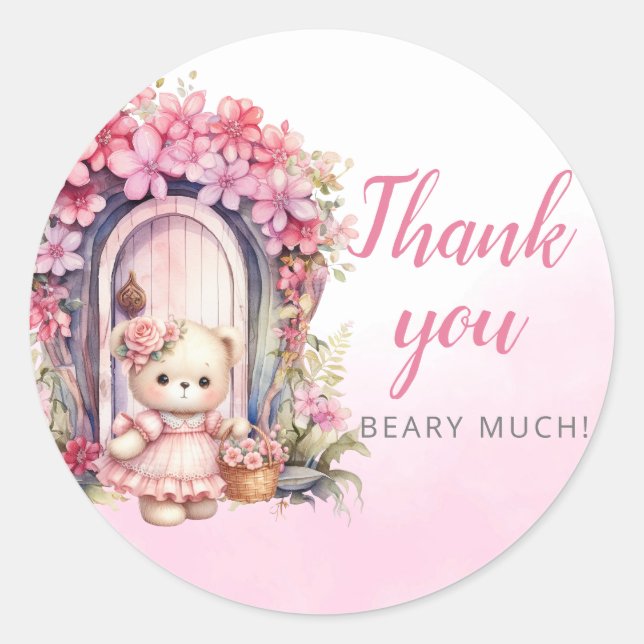 cute Teddy Bear Girl pink Baby Shower Thank You Classic Round Sticker (Front)