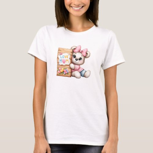 Cute teddy bear girl pink bow wood sign Love Mom T_Shirt