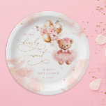 Cute Teddy Bear Gold Balloon Pink Baby Girl Shower Paper Plates<br><div class="desc">Embark on a journey of sweetness and anticipation with our adorable item, where every detail is designed to fill hearts with joy and excitement. This charming design showcases a darling baby bear adorned in a beautiful pink dress, clutching golden balloons adorned with delicate floral accents in her paw. Against a...</div>