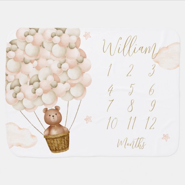 Cute Teddy Bear Gold Balloons Milestone Baby Blanket (Horizontal)