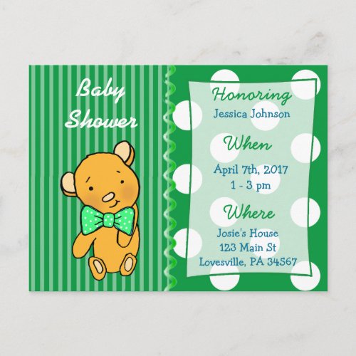 Cute Teddy Bear Green Baby Shower Invitation