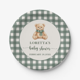 Cute Teddy Bear Green Plaid Baby Shower Paper Plates