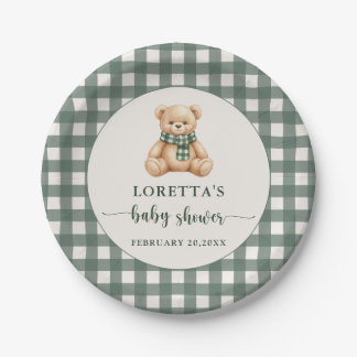Cute Teddy Bear Green Plaid Baby Shower Paper Plates