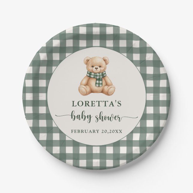 Cute Teddy Bear Green Plaid Baby Shower Paper Plates (Front)