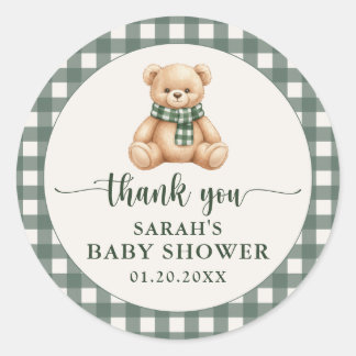 Cute Teddy Bear Green Plaid Baby Shower Thank You Classic Round Sticker