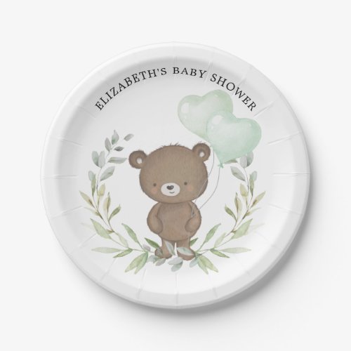 Cute Teddy Bear Greenery Baby Shower 1st Birthday Paper Plates