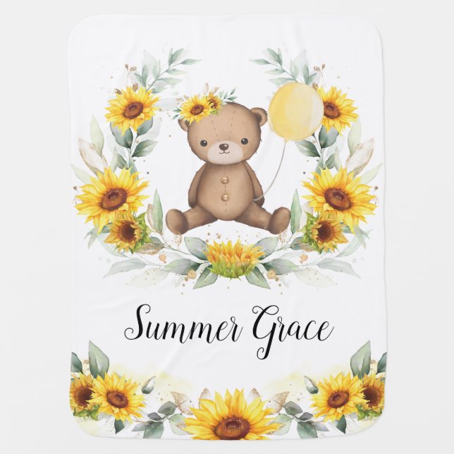 Cute Teddy Bear Greenery Balloons Baby Nursery Bab Baby Blanket (Front)