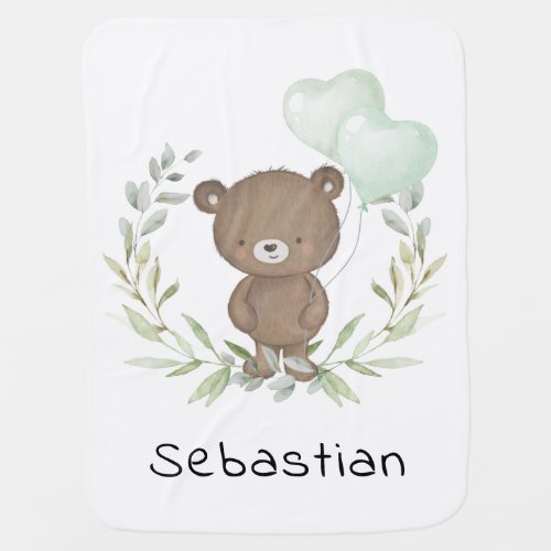 Cute Teddy Bear Greenery Balloons Baby Nursery Baby Blanket