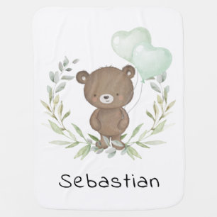 Cute Teddy Bear Greenery Balloons Baby Nursery Blanket