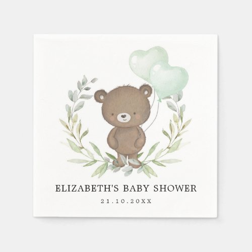 Cute Teddy Bear Greenery Balloons Coed Baby Shower Napkins