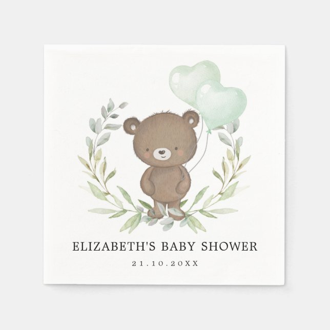 Cute Teddy Bear Greenery Balloons Coed Baby Shower Napkins (Front)