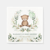 Cute Teddy Bear Greenery Gold Balloon Baby Shower Napkins