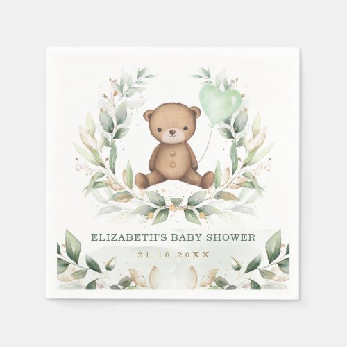 Cute Teddy Bear Greenery Gold Balloon Baby Shower Napkins