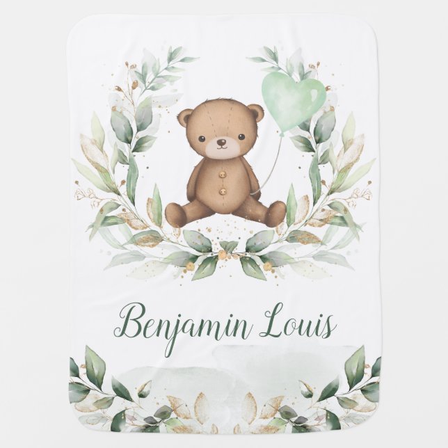 Cute Teddy Bear Greenery Gold Balloon Nursery Baby Blanket (Front)