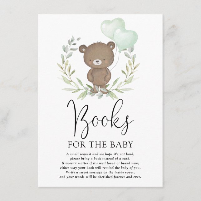 Cute Teddy Bear Greenery Neutral Books for Baby Enclosure Card (Front)