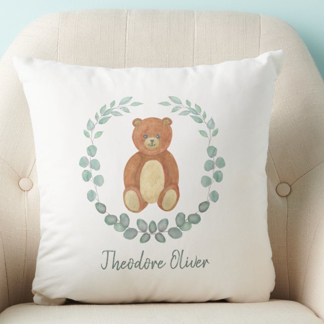  Cute Teddy Bear Greenery Nursery  Throw Pillow (Creator Uploaded)