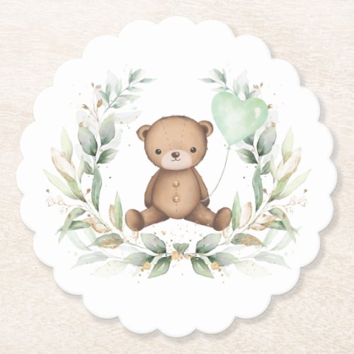 Cute Teddy Bear Greenery Wreath Sage Balloon Paper Coaster