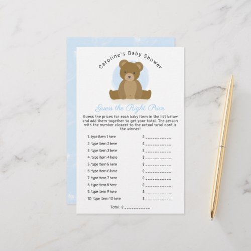 Cute Teddy Bear Guess Price Baby Boy Shower Game