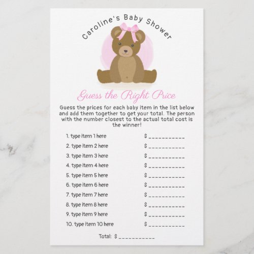 Cute Teddy Bear Guess Price Baby Girl Shower Game