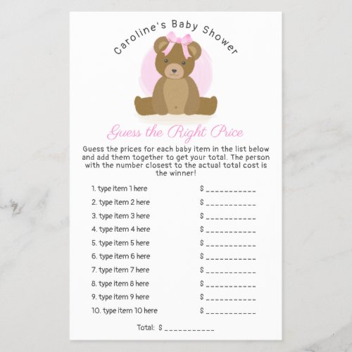 Cute Teddy Bear Guess Price Baby Girl Shower Game
