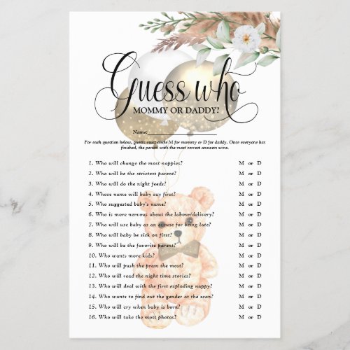 Cute Teddy Bear Guess Who Baby Shower Game Flyer
