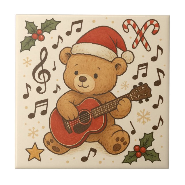Cute Teddy Bear Guitar Christmas Ceramic Tile (Front)