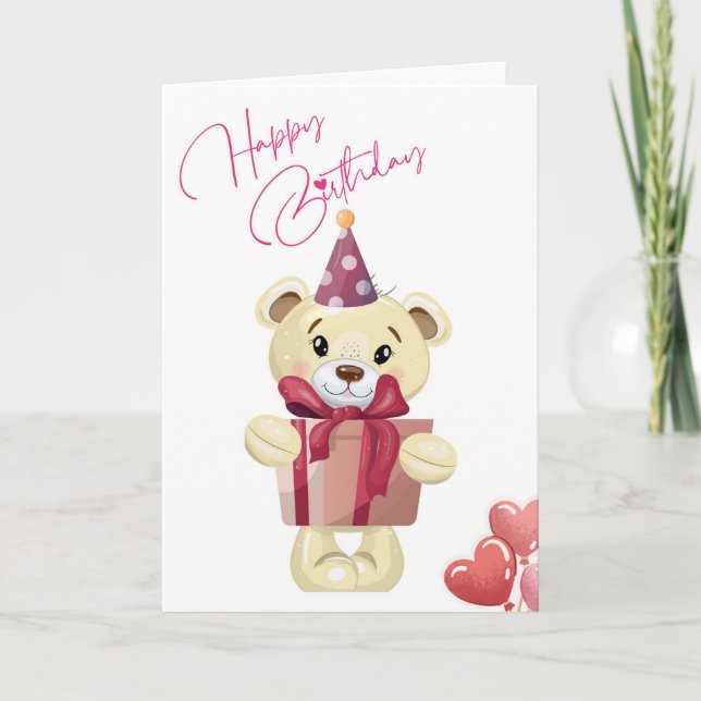 Cute Teddy Bear Happy Birthday Card with Gift (Front)