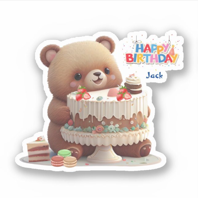 Cute Teddy Bear Happy Birthday Custom Cut Vinyl Sticker (Front)