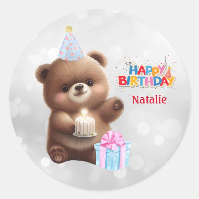 Cute Teddy Bear Happy Birthday Personalized Classic Round Sticker (Front)