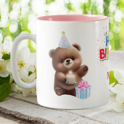 Cute Teddy Bear Happy Birthday Personalized Two_Tone Coffee Mug