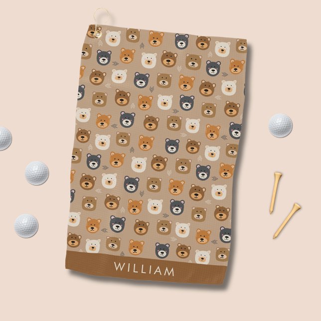 Cute teddy bear head pattern golf towel (Cute bear head patterned golf towel.  Customize with your own name, initials or choice of text.)