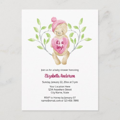 Cute Teddy Bear Heart Baby Shower Postcard