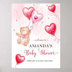 Cute Teddy Bear Heart Balloon Baby Shower Welcome  Poster