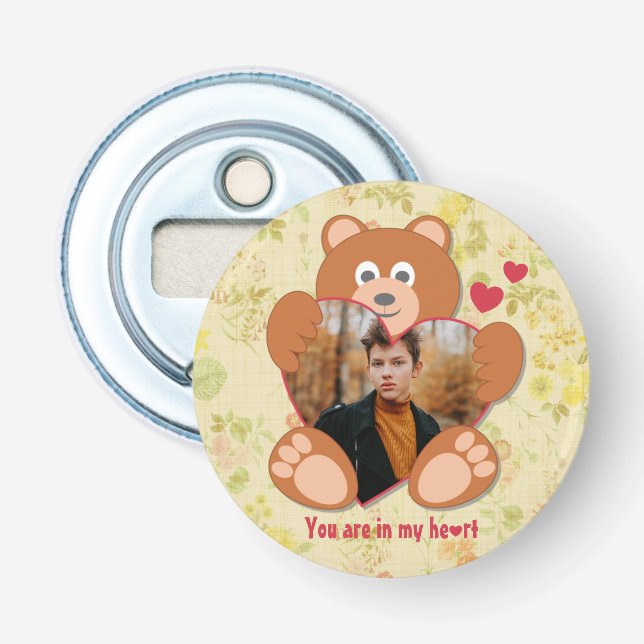 Cute Teddy Bear Heart Photo Valentine Love Bottle Opener (Front)