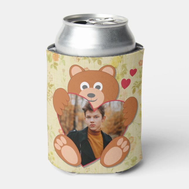 Cute Teddy Bear Heart Photo Valentine Love Can Cooler (Can Front)