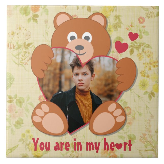 Cute Teddy Bear Heart Photo Valentine Love Ceramic Tile (Front)