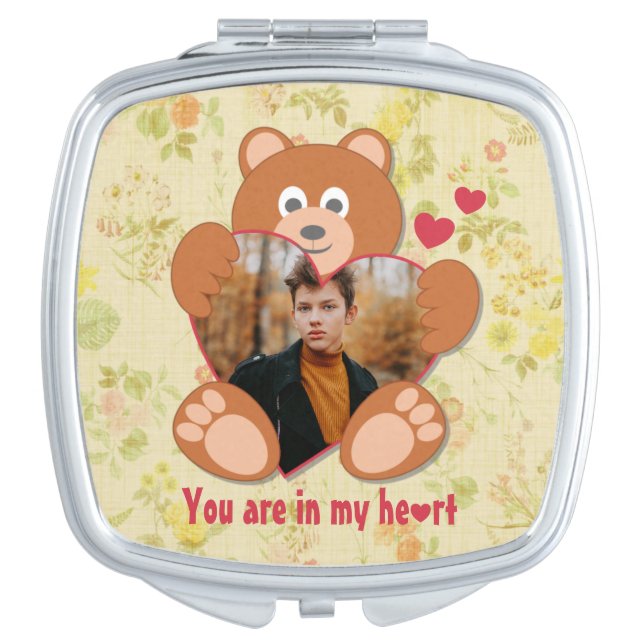 Cute Teddy Bear Heart Photo Valentine Love Compact Mirror (Front)
