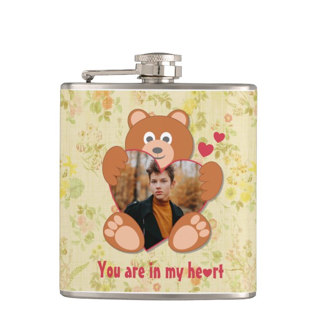 Cute Teddy Bear Heart Photo Valentine Love Flask (Front)