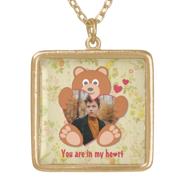 Cute Teddy Bear Heart Photo Valentine Love Gold Plated Necklace (Front)