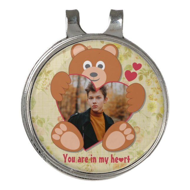 Cute Teddy Bear Heart Photo Valentine Love Golf Hat Clip (Front)