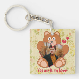 Cute Teddy Bear Heart Photo Valentine Love Keychain